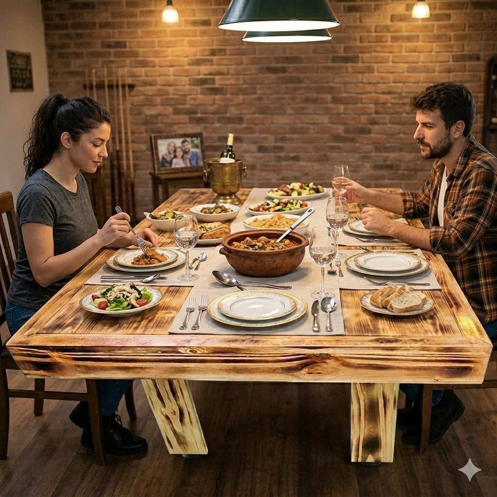 Mesa de comedor con vajilla y dos personas sentadas frente a frente en un ambiente interior.
